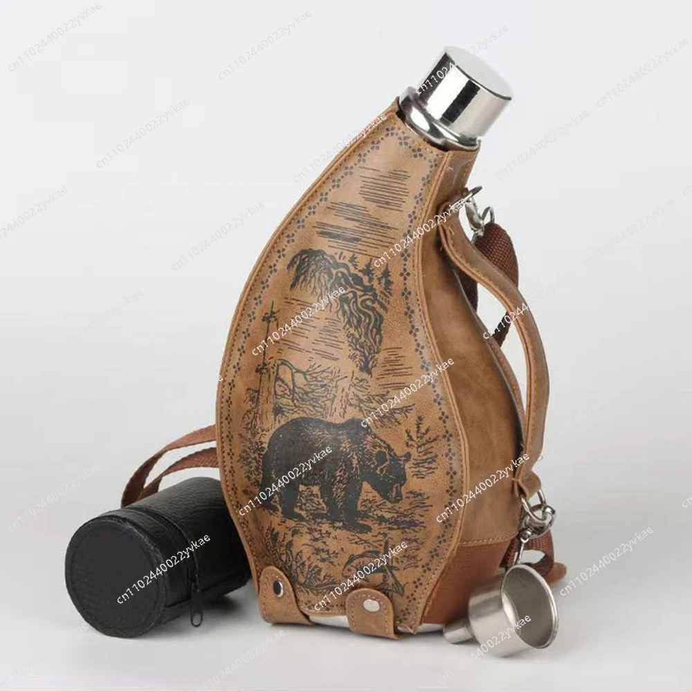 

Stainless Steel Horn Hip flask, Leather case ox horn flagon with funnel, High-capacity wine pot, Western cowboy wine set, 53oz