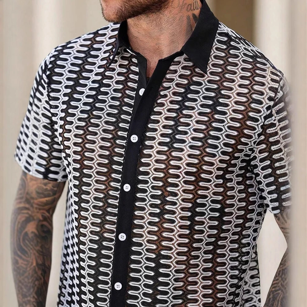 Summer Men's Hollow Knitted Short-Sleeved Shirt American Retro Fashion Trend Loose Casual Breathable Niche New Men's Tops