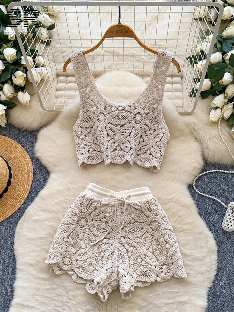 SINGREINY 2026 Knit Vacation Two Piece Sets Women Summer Hook Flower Hollow Crop Tops+Wide Leg Shorts Y2K Beach Style Chic Suits - Image 2