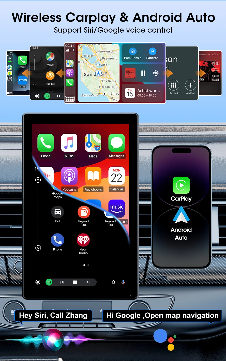Jansite 9-Zoll-Autoradio mit vertikalem Bildschirm, Multimedia-Videoplayer, kabelloses Carplay, Android Auto, magnetische Halterung, Auto-Monitore, GPS – Detail 6