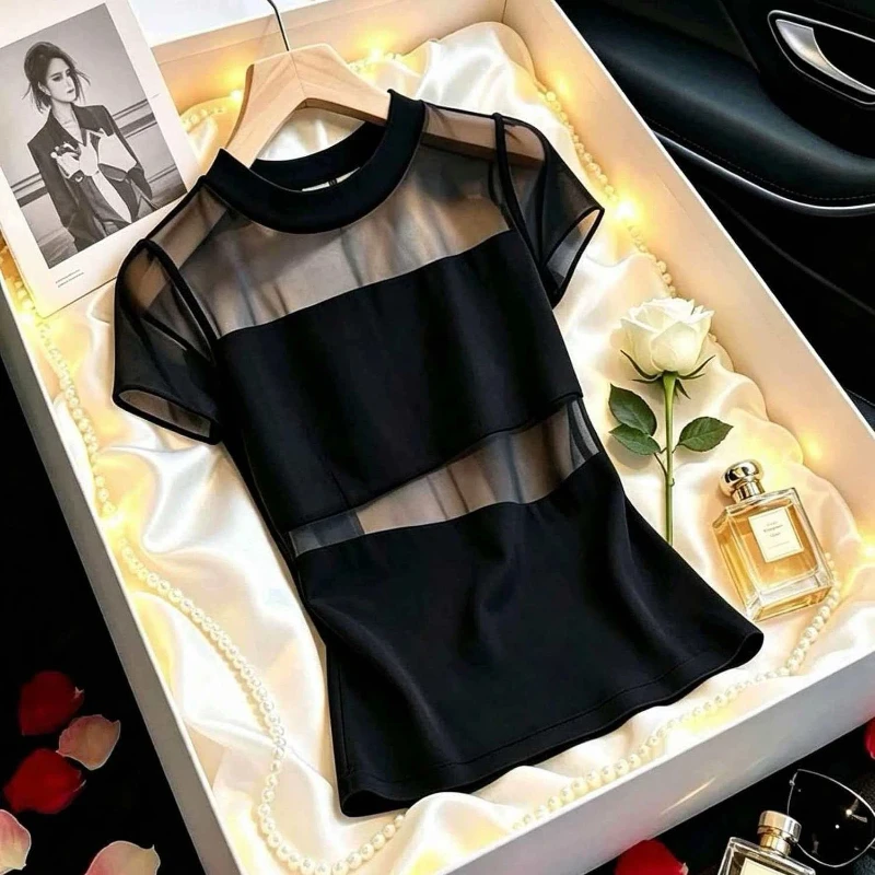Net Yarn Patchwork Hollow Out Sexy Pullovers Top Summer New Short Sleeve Solid Temperament T Shirts Trend Fashion Women Clothing