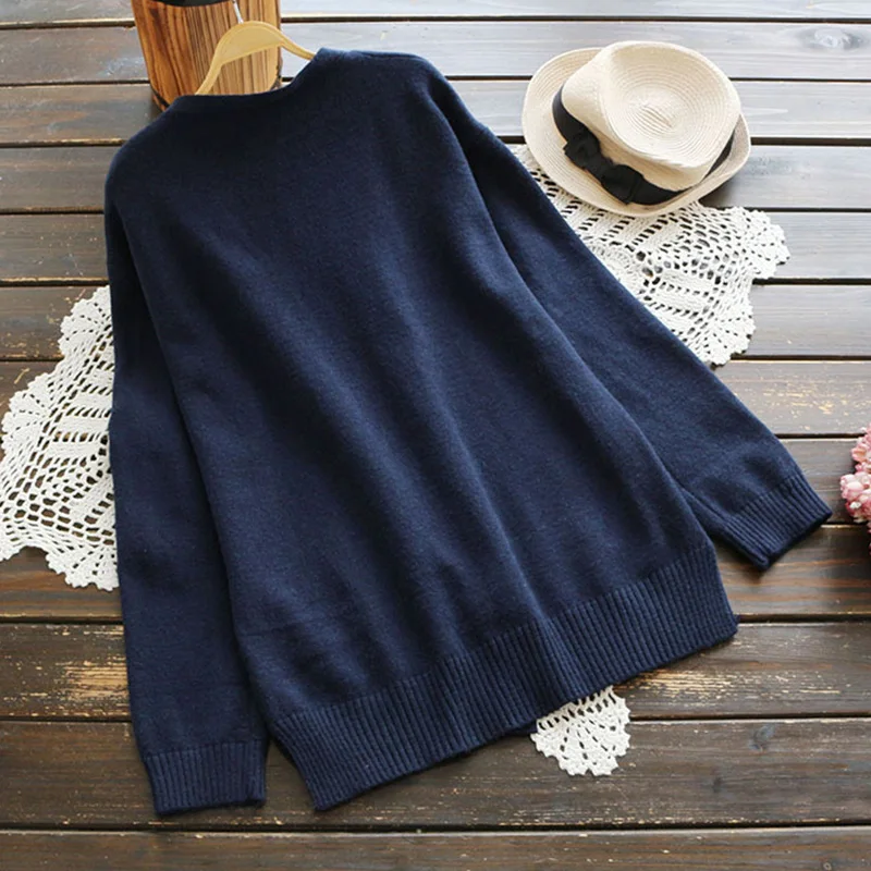 森ガール甘いネイビーブルー色フルスリーブセーター女性服ルーズ漫画猫刺繍女性かわいいカーディガン U636