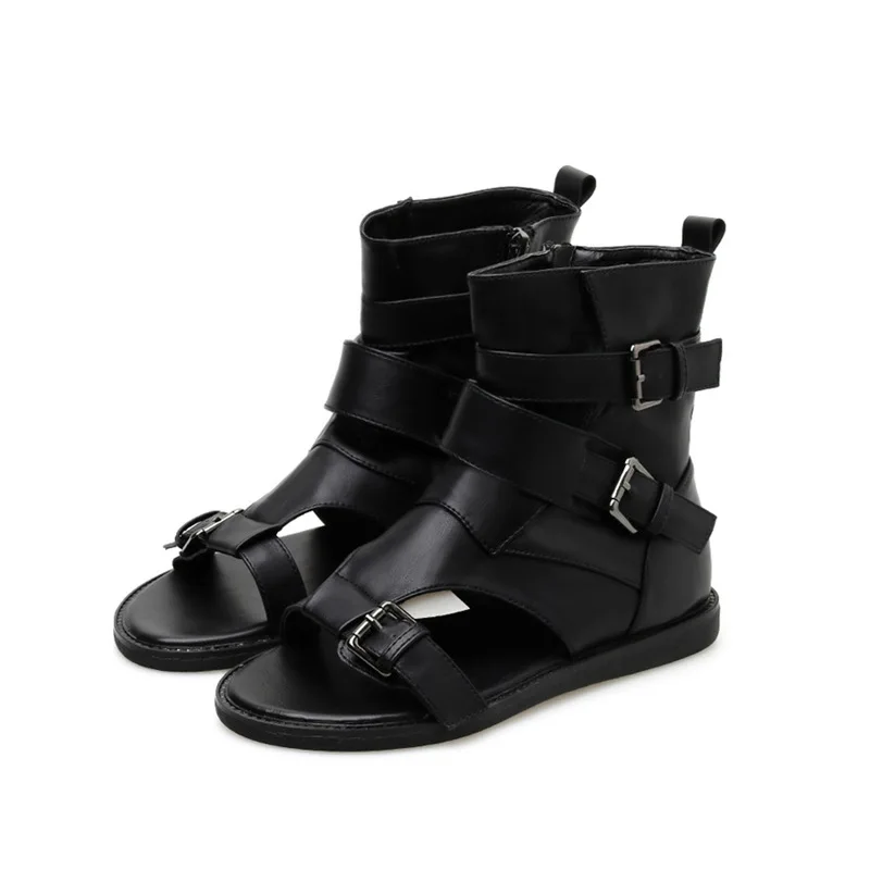 Fashion Women\'s Sandals with Buckle Strap Wedges High Top Roman Sandals Black Low Heel Comfortable Hollowed-out Shoes