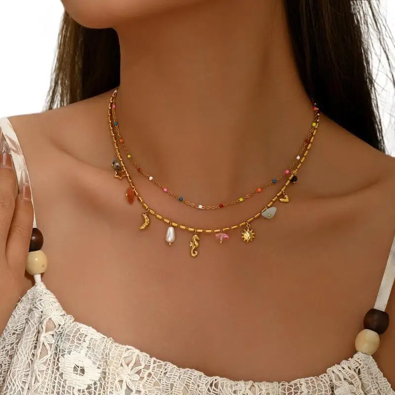 Boho Sexy Mode Edelstahl Seestern Seepferdchen Anhänger Halskette Damen Niedliche Bunte Perlen Schlüsselbeinkette Schmuck Geschenk – Detail 6