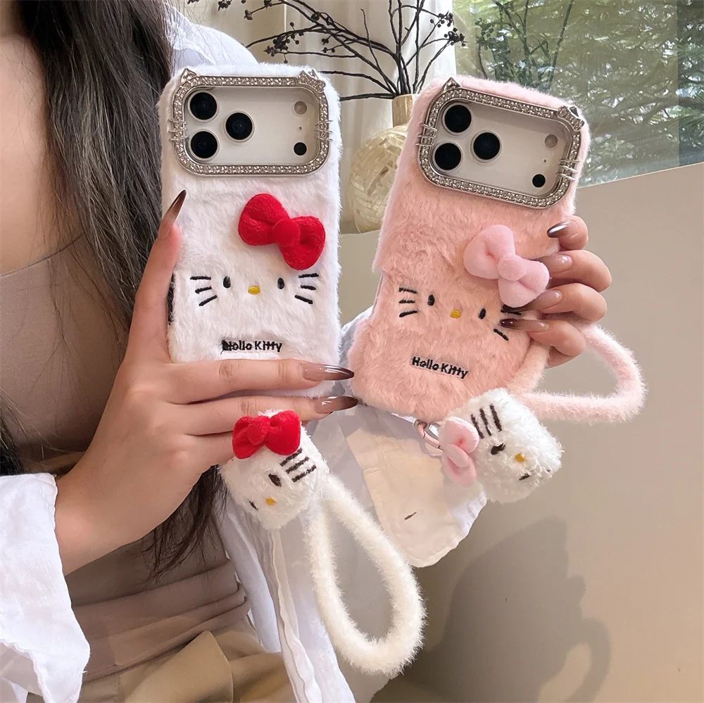 

Warm fluffy plush Hellokitty phone case for iPhone 17 13 14 15 16 Pro Max plus cover cute shockproof Fundas Cartoon furry Cases