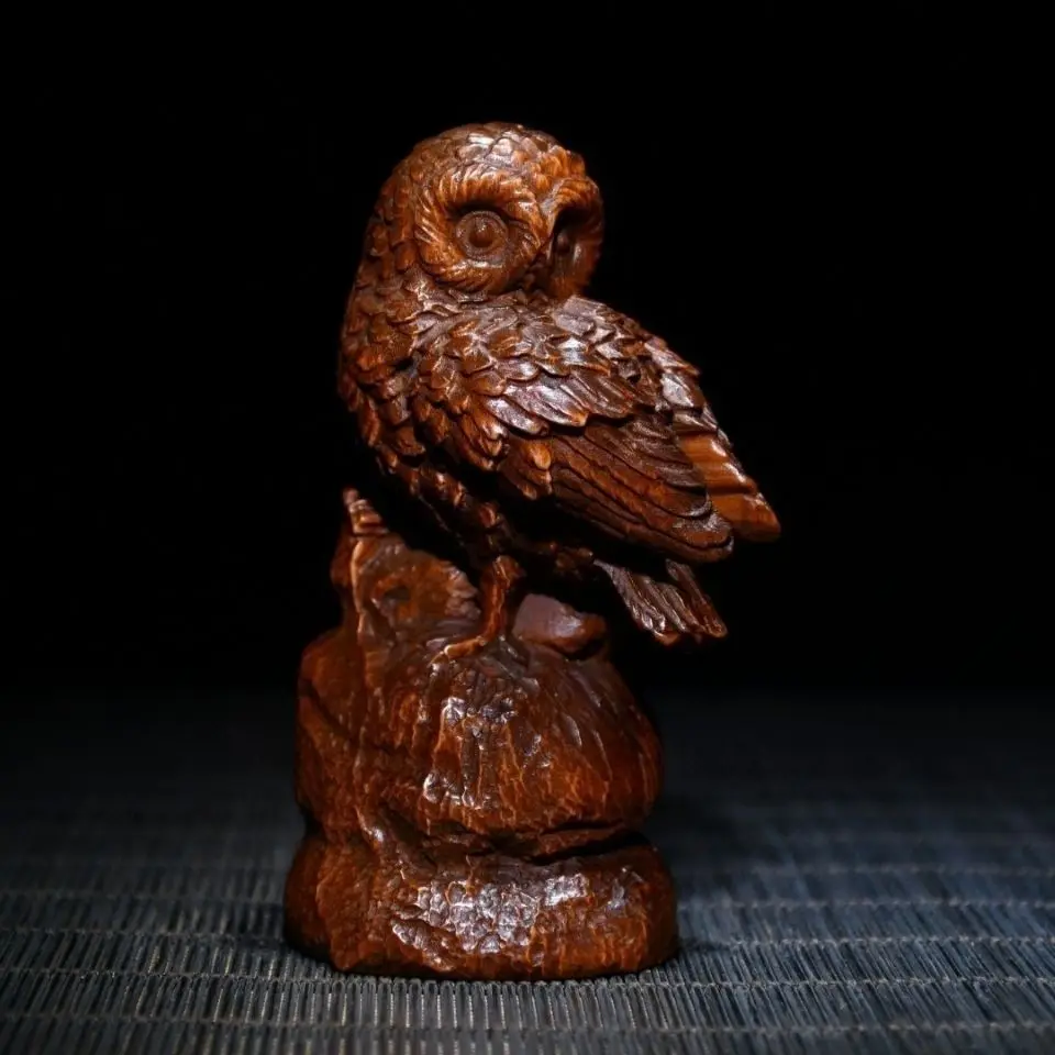 Hand Carved Wood Standing owl bird Statue Figurine Desktop Ornaments Home Decoration