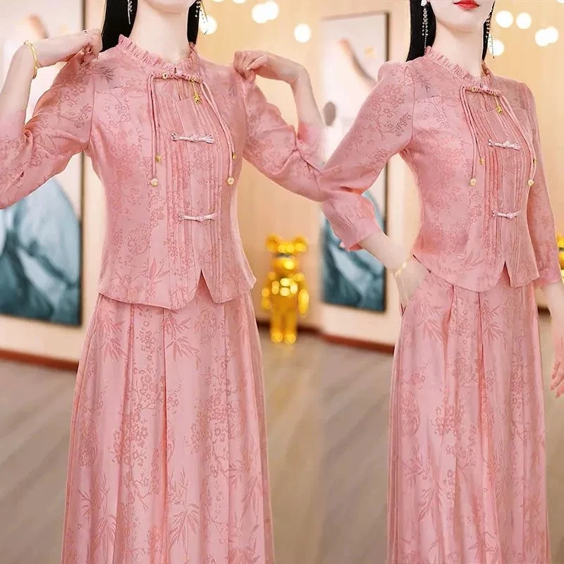 

Новый костюм в китайском стиле 2025 г., женская блузка с принтом весна-лето, комплект из двух предметов, элегантный тонкий топ + длинная юбка трапециевидной формы, женский костюм