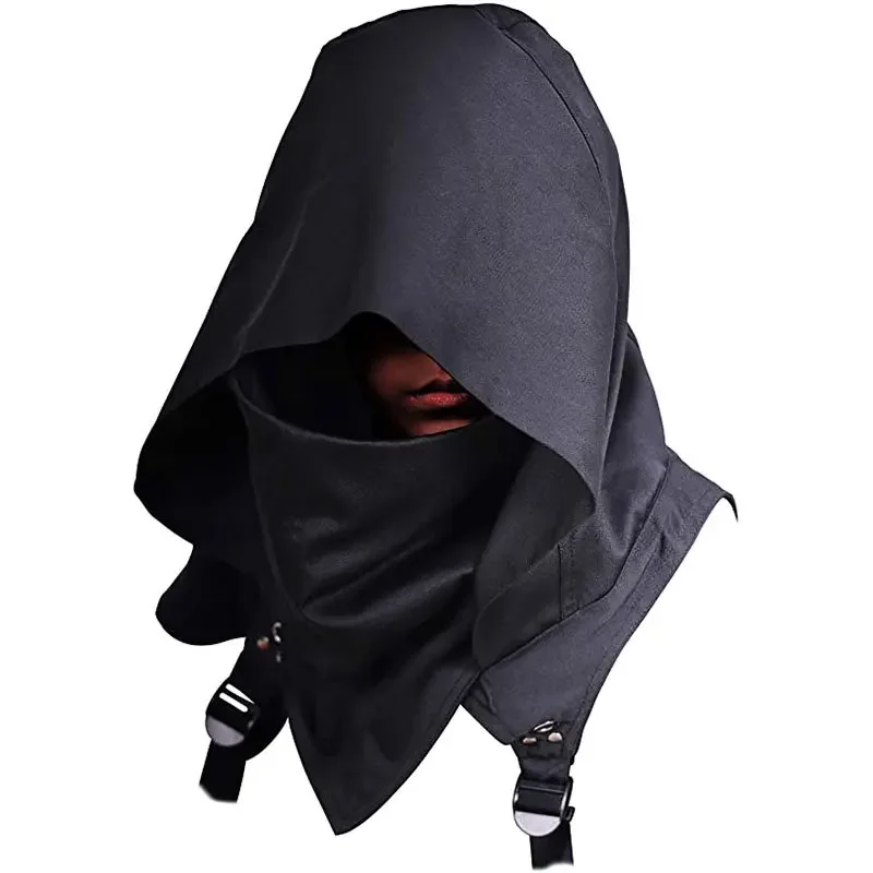 Capuche gothique punk pour hommes et femmes, capot, Halloween Assassin, accessoire de costume, carnaval, cosplay, chapeau d'horreur, masque en coton, noir, rétro