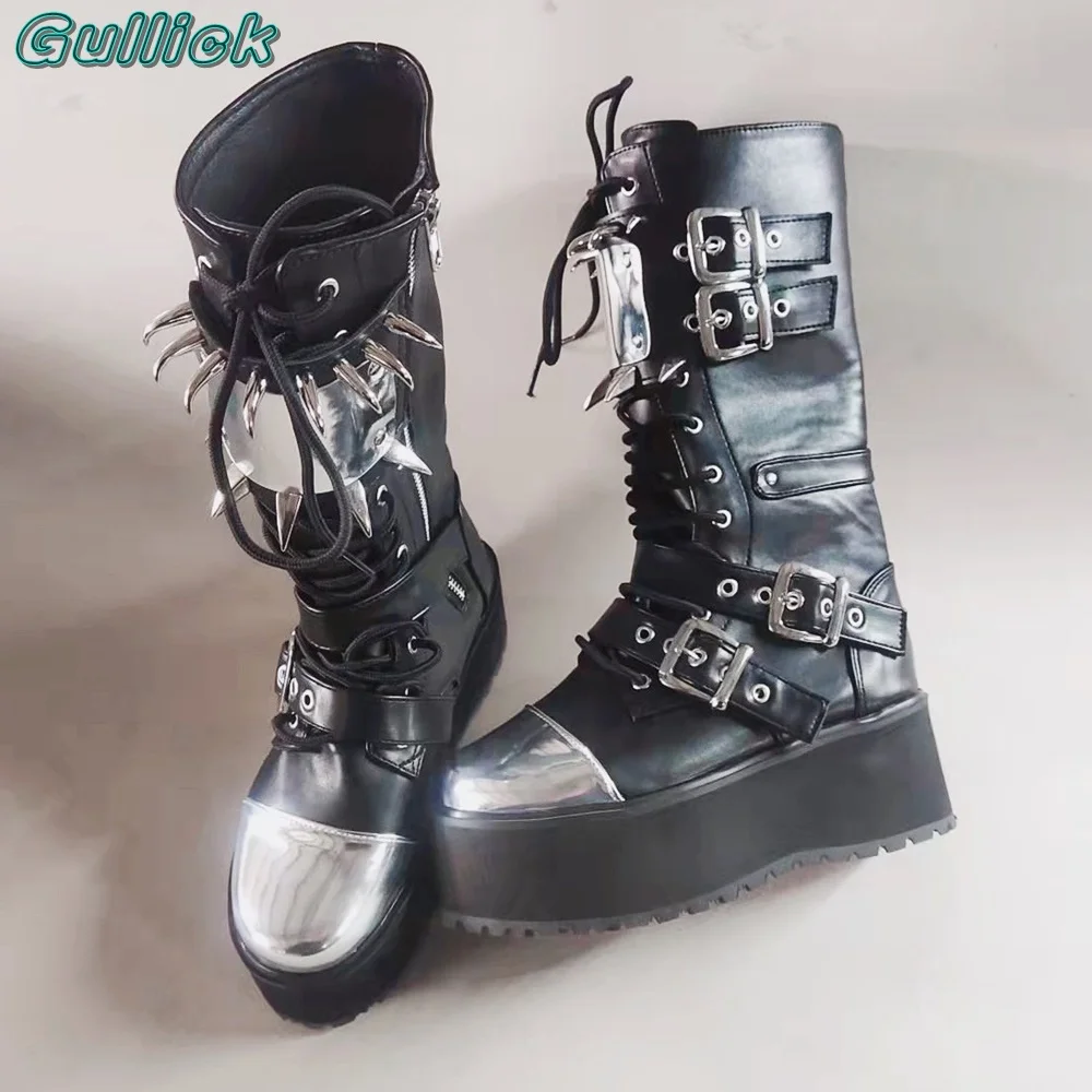 Rivet Metal Decor Black Boots Round Toe Punk Thick Heel Cover Heel Lace Up  Sexy Spring Autumn Women New Trend