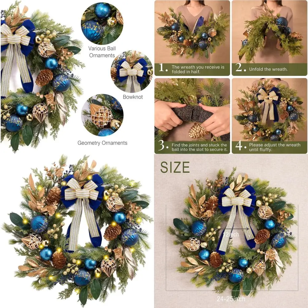 

Battery-Powered 24 Large Blue Bronze Christmas Wreath with Lights for Outdoor Door and Window Decor