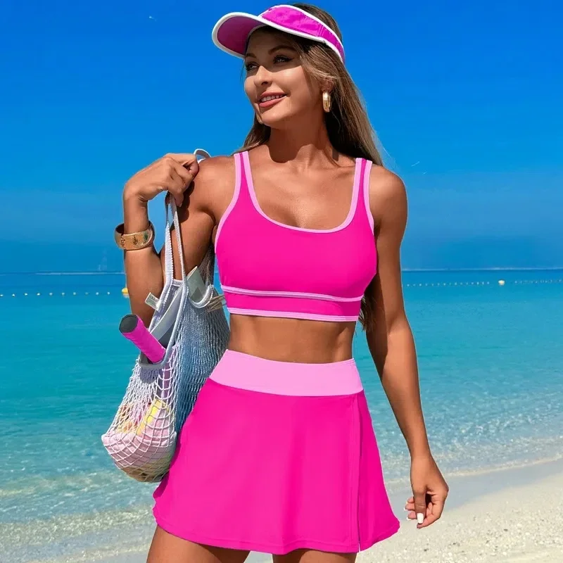 

Розовые бикини с высокой талией для женщин 2025, пляжная спортивная одежда, купальник из двух предметов, юбки, отдельный комплект бикини, купальные костюмы для плавания, черный цвет