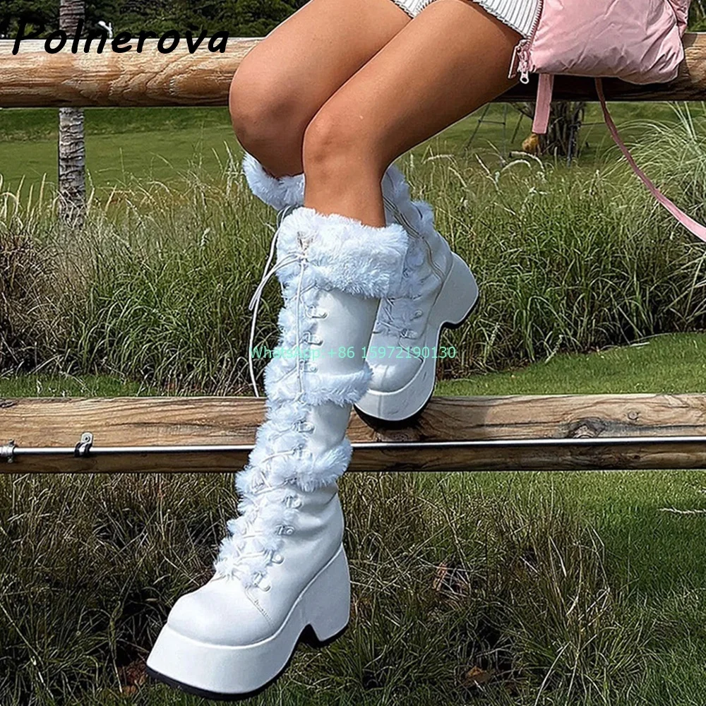 

Hotties White Furry Knee High Boots Platform Square Toe Thick Soles Zipper Cross Tied Knee High Boots Winter Warm Solid Boots