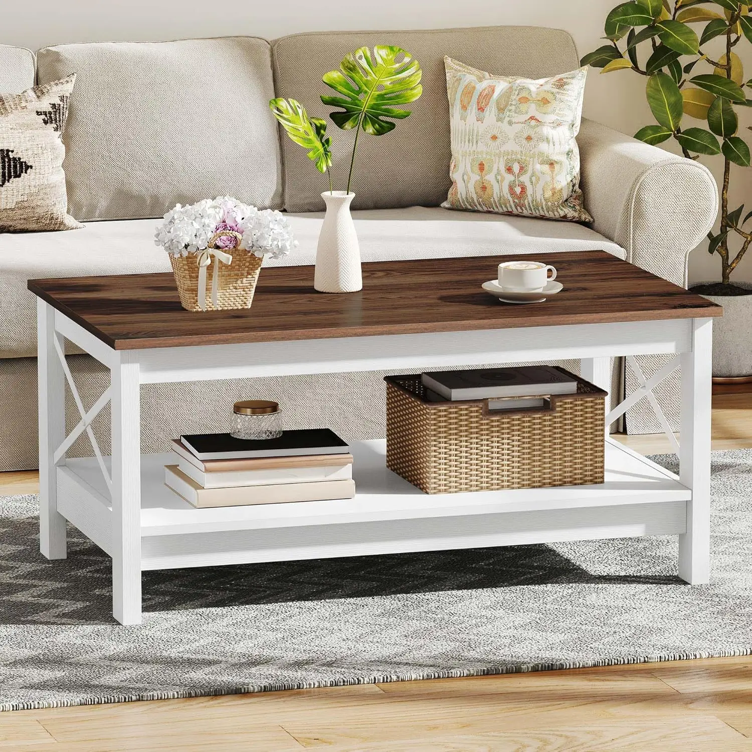 طاولة قهوة مستديرة حديثة بوهو مقاس 30.7 بوصة - طاولة خشبية مع ملمس عمودي وقاعدة متقاطعة معدنية،