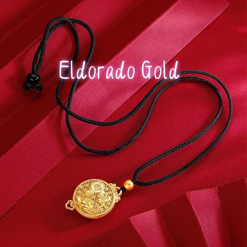 

Eldorado Gold 9999 Real Gold 24K Ethnic Style Hollow Silk Fortune Butterfly Lotus Pendant Ancient Golden Lotus Black Rope Neckl