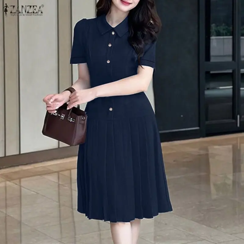 

ZANZEA 2026 Summer Dress Elegant Solid Pleated Work Sundress Women Lapel Neck Short Sleeve Office Dresses Buttons Down Vestidos