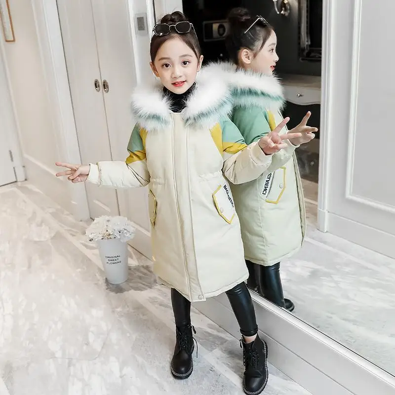 Winter Girls Cotton Padded Jacket 2023 New Children Clothes Thickened Thick Parka Fur Collar Hooded Snowsuit Outerwear Coats 14Y