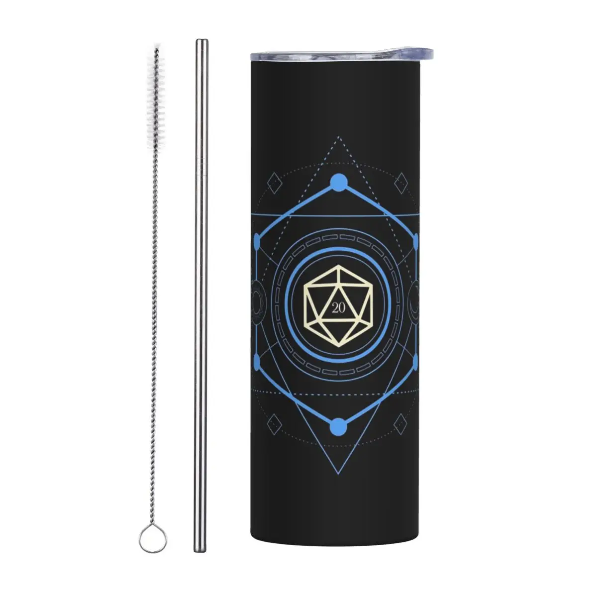 Geometric Minimalist Blue Polyhedral D20 Dice Tabletop RPG Stainless Steel Tumbler Mugs Thermal Cold Bottle Straw With Lid 20oz