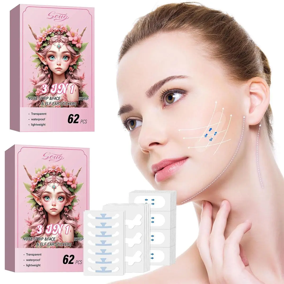 1/2 Boxen unsichtbares Facelift-Klebeband + schrumpfende Nasenflügel-Aufkleber + Elfenohr-Aufkleber, 3-in-1 verbessertes Gesichtsschönheitswerkzeug V-Gesichtsklebebänder