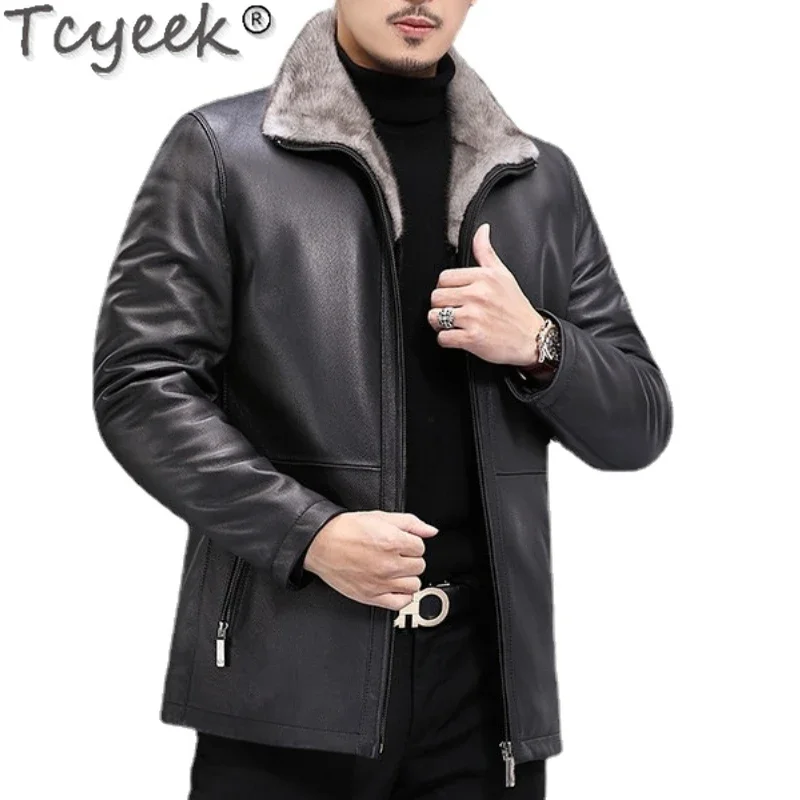 

Tcyeek Winter New Goat Skin Real Leather Jacket Men's Whole Mink Inner Bile Mink Fur Collar Mink Fur Coat Chaquetas Hombre FCY