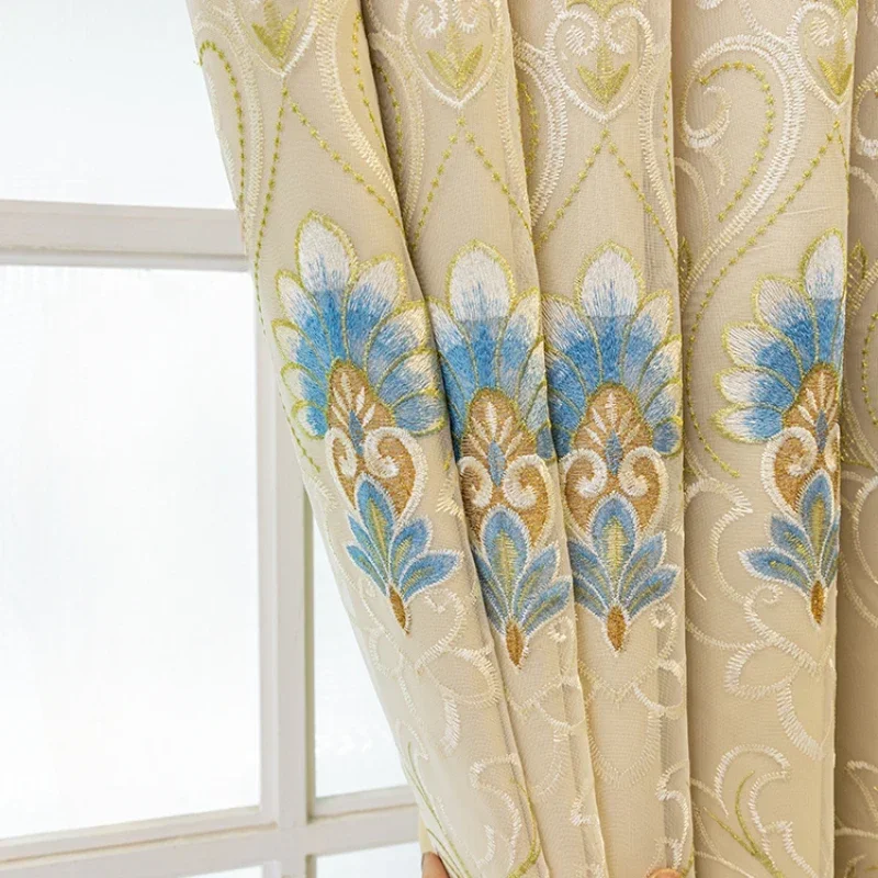 Curtains for Living Dining Room Bedroom Cream Embroidered Gauze Integrated Double Layer Simple European Sunshade