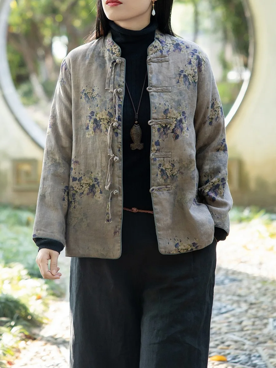 

Retro Floral Cotton Jaet Women's Winter Thiened Padded Stand Collar Coat with Tassel Bule Button Cotton Outerwear