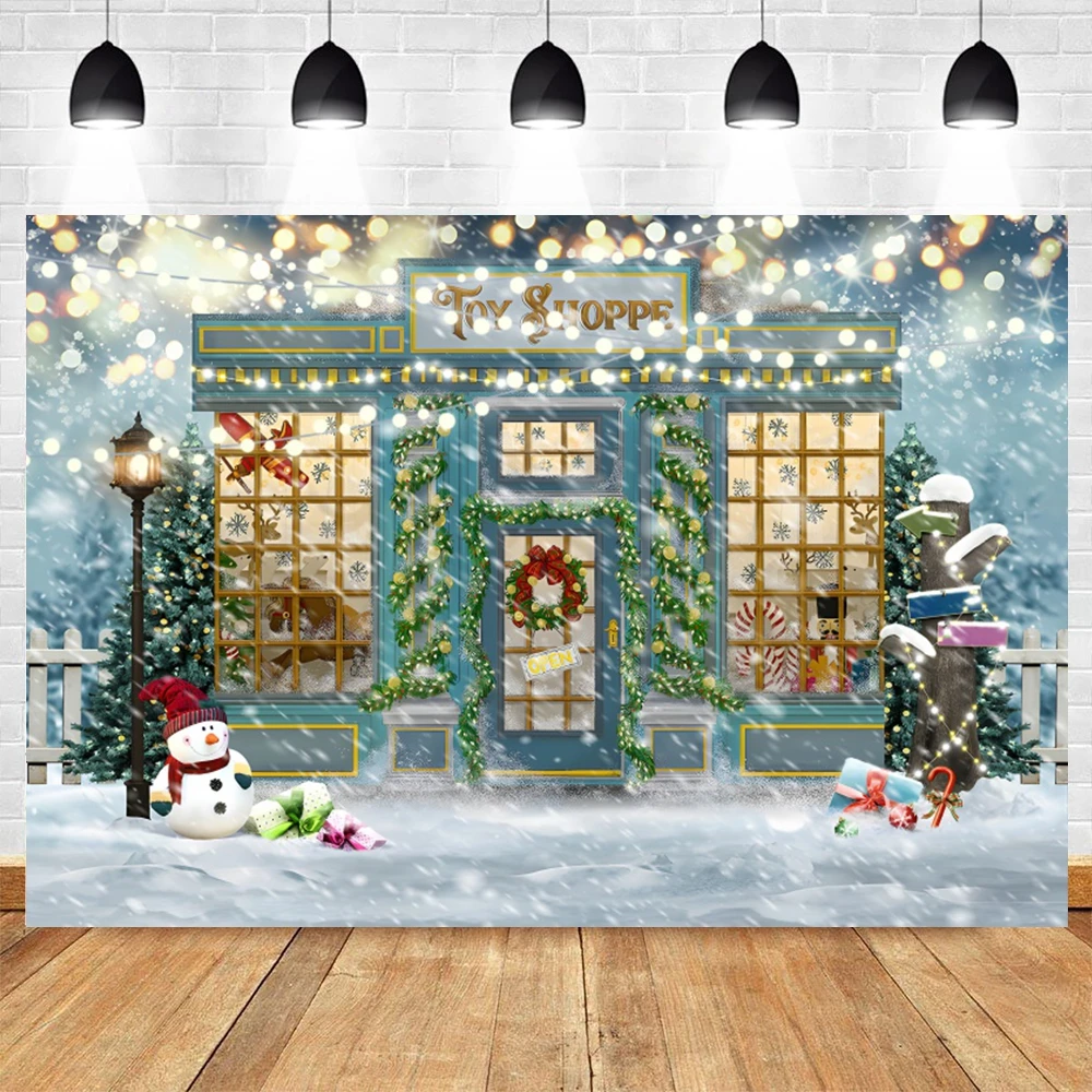 Red Christmas Photo Backdrop Santa\'s Toy Shop Candy Cane in Snow World Xmas Family Holiday Party Banner Photography Background