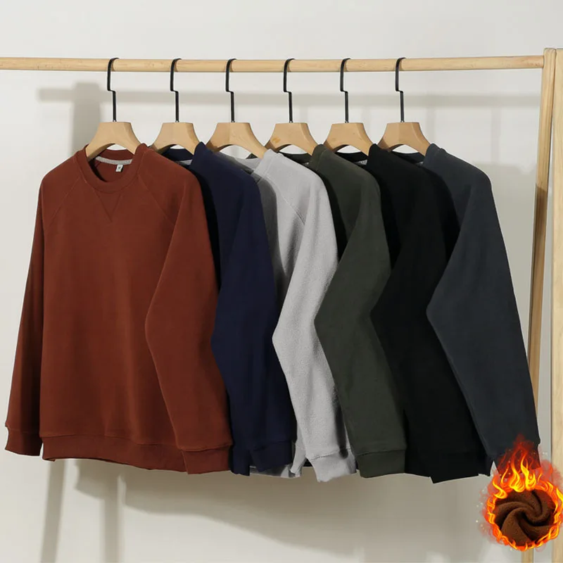 Men Double Polar Fleece Sweatshirts Solid Color Autumn Winter Thick Warm Pullovers Casual Loose Male O-neck Hoodies Vintage Tops