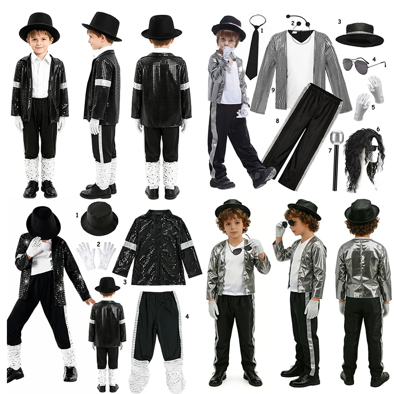 Unisex Kids Retro 70s 80s Pop Rock Star Michael Jackson Moonwalk Costume Girls Boys Halloween Birthday Cosplay Outfit Set