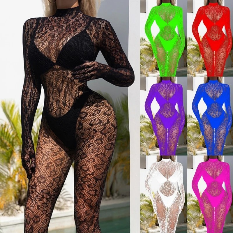 Dames One Stukken Sexy Kant Mesh Jumpsuit Doorschijnende Nachtjapon Lingerie Visnet Kousen Nachtkleding Lounge Pyjama