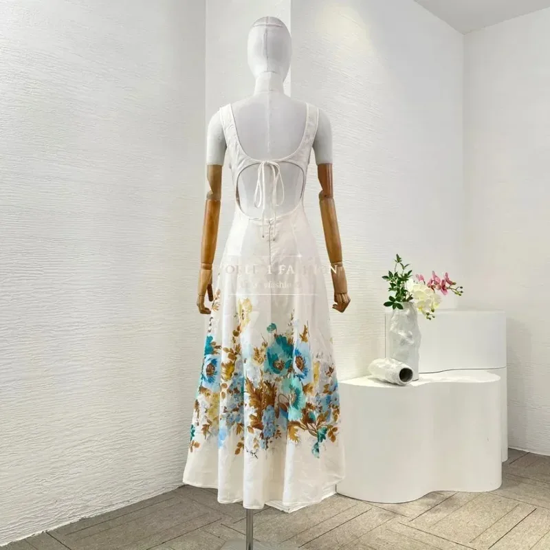 Robe mi-longue blanche sans manches, imprimé Floral, taille rétractable, dos nu, nouvelle mode 2025