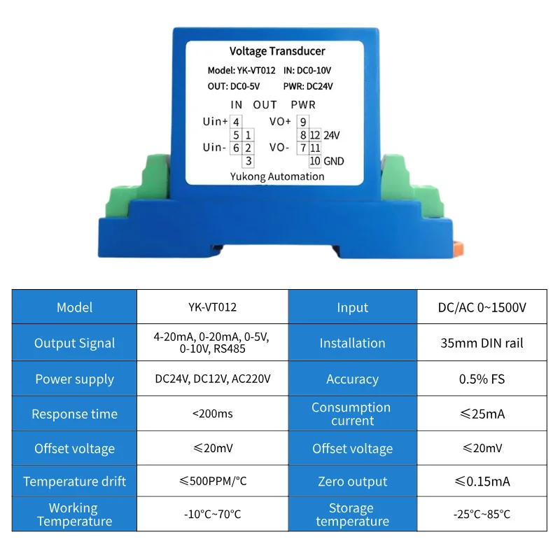 AC 0-1000V DC 0-1500V Measurements YK-VT012 Voltage Transducer with High Stability and Fast Response for Accurate
