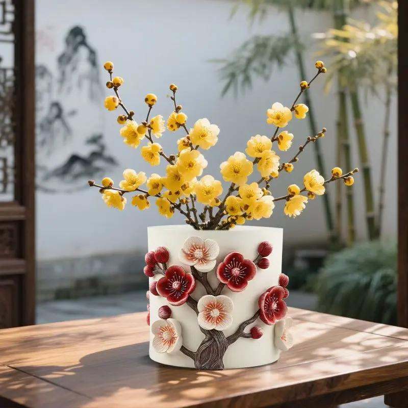 

3D Floral Plum Blossom Design Thickened Large Diameter Resin Flower Pot Elegant Decorative Planter for Indoor Outdoor Plants