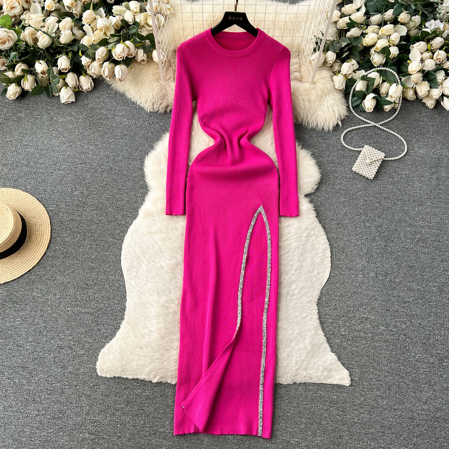 Women Chic Elegant Solid O Neck Long Sleeve Bodycon Split Dress Sexy Fashion Knit Elastic Slim Hip Wrap Sweater Dress