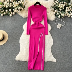 Women Chic Elegant Solid O Neck Long Sleeve Bodycon Split Dress Sexy Fashion Knit Elastic Slim Hip Wrap Sweater Dress