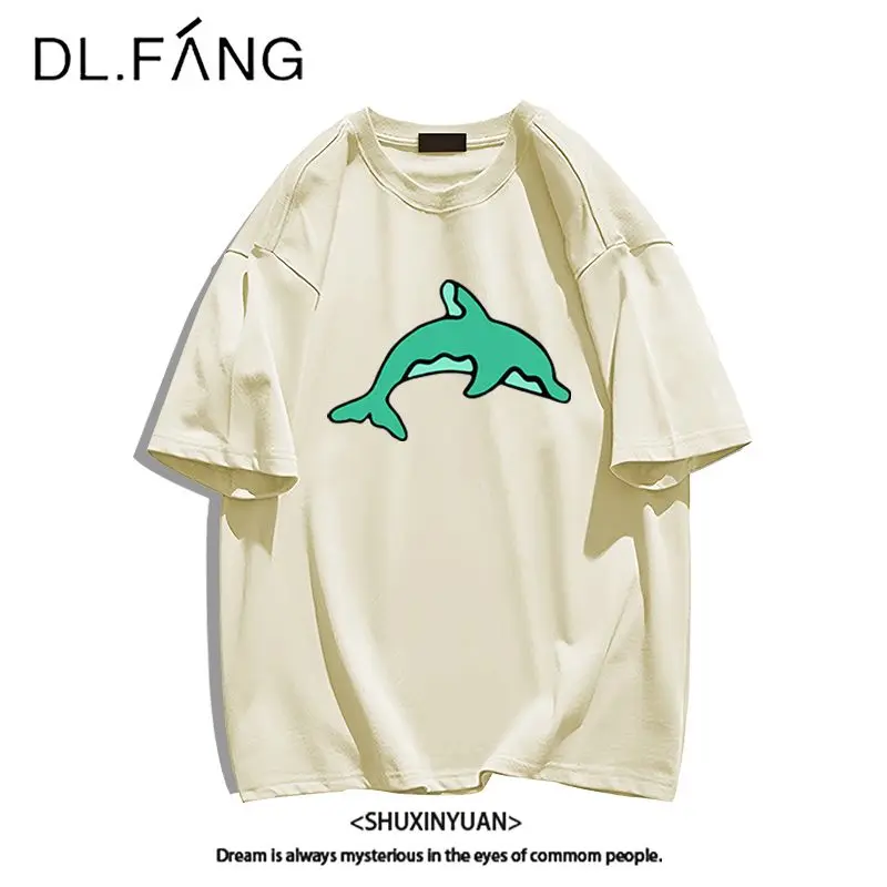 

Women's Cotton Loose T-shirt 2024 Summer New Dolphin Anime Print Short Sleeved Top Lady Basic Versatile Round Neck Slimming Tees