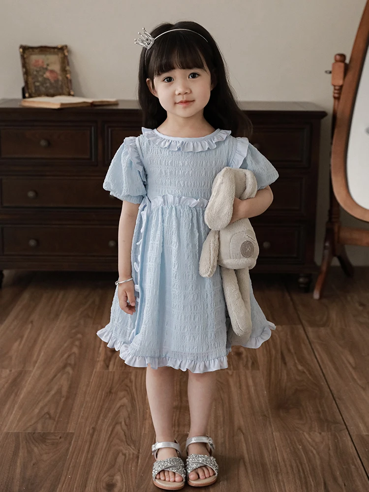 2023 Girls' Dress Summer Spliced Bubble Sleeve Round Neck Lightweight Solid Color Skirt Kids Dresses for Girls 4-6y