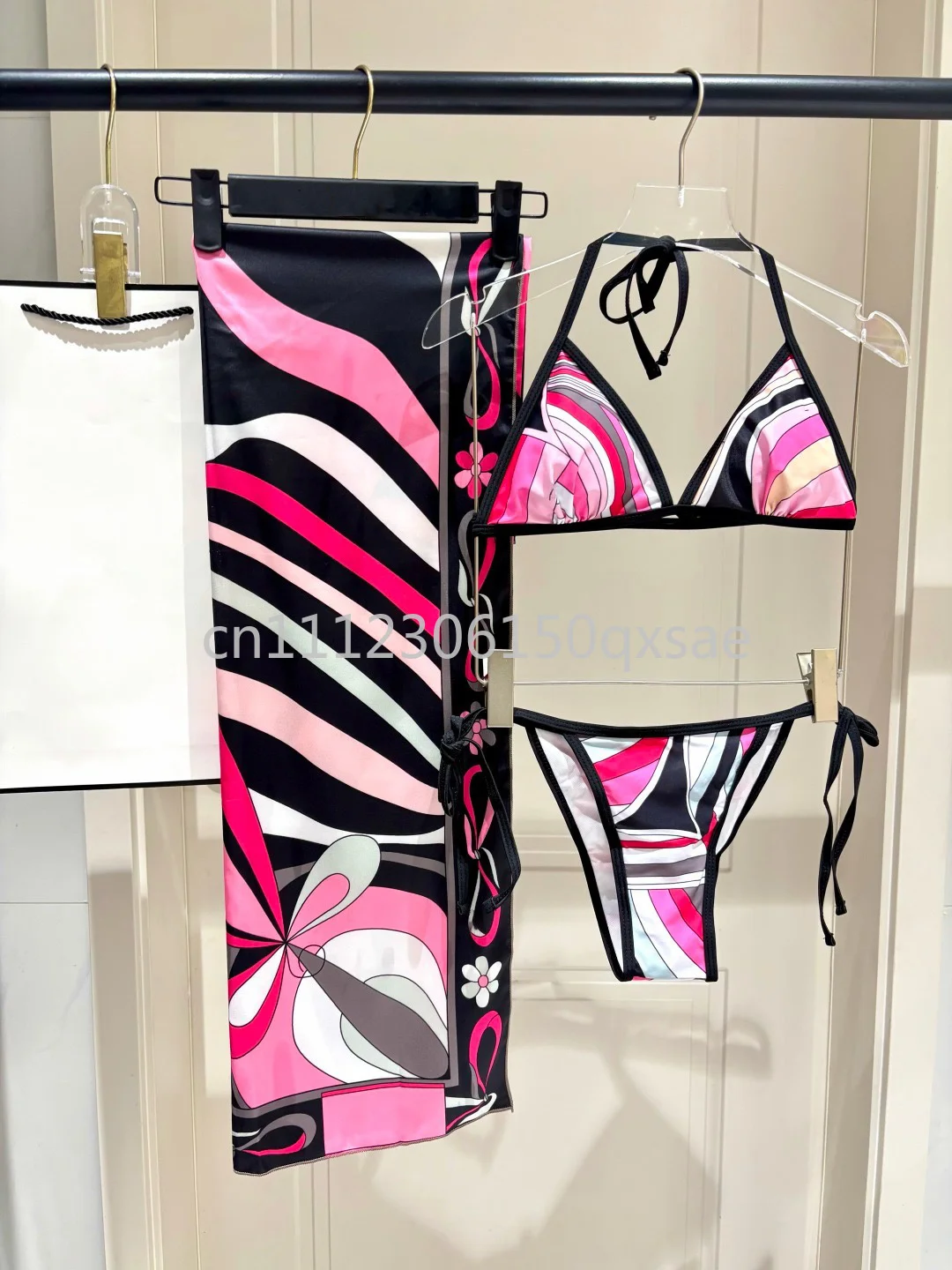 Luxury Design Women's Black Ribbon Scarf Bikini Sets with Designer Signature Letter Logo Classic Brand Women's Swimsuit Swimwear