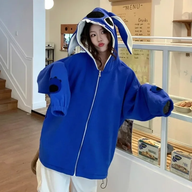 Star and Stitch Disney Klein Blue Hooded Sweater Kawaii Ins Student Trend Loose Anime Character Accessories Casual Clothing