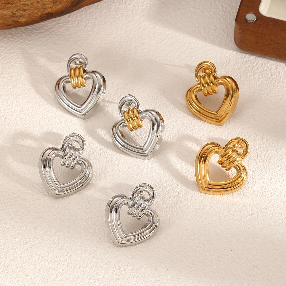 Klassische geometrische herzförmige Edelstahl-Knotenohrringe für Damen, 18K vergoldet, trendiger Schmuck, Geschenkidee – Detail 1