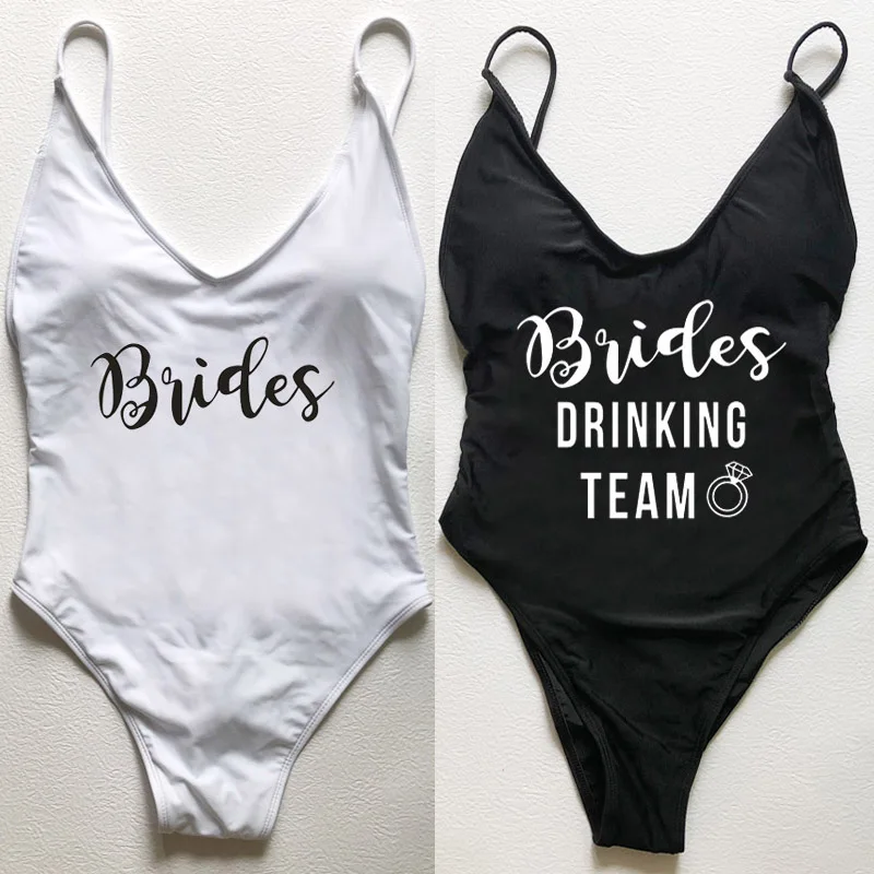 

Bachelor Party One Piece Swimsuit Women Swimwear Bride DRINKING TEAM Ring Print Sexy Padded Bathing Suit Beachwear Bodysuit 2022