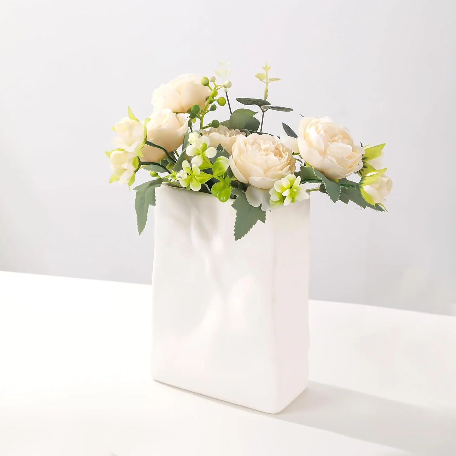 White Crinkle Paper Bag Ceramic Vase Modern Decorative Flower Vases for Boho Home Wedding Party Room Dinner Table Shelf Decor