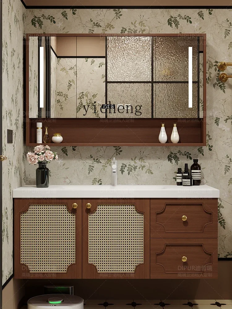 Armário de Banheiro Retrô Estilo Antigo X-27 com Mesa de Rattan e Pia de Cerâmica Integrada com Tampo de Pedra Corian