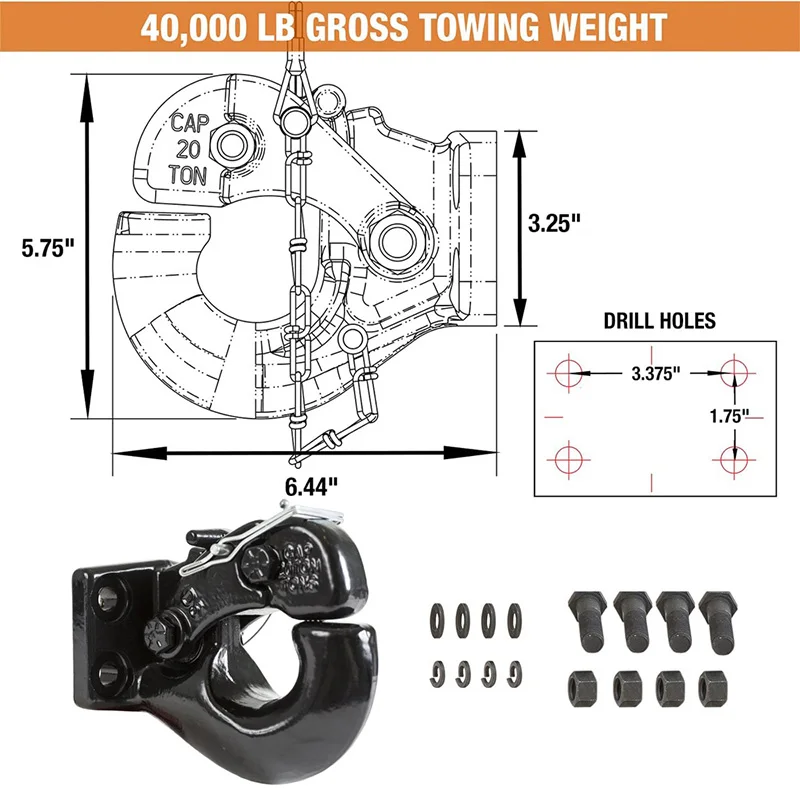 Pintle Hook Hitch 10,000 lbs Carbide Black Powder Coat Adjustable Bolt on Pintle Hitch Hook Trailer Hitch Mount