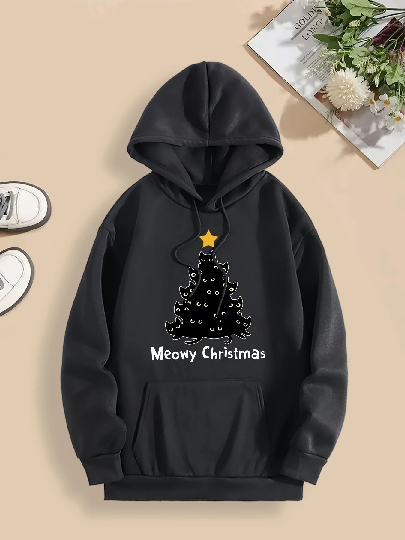 Świąteczna bluza damska z kapturem na jesień i zimę z nadrukiem kota i choinki, bluza Y2k, bluza z długim rękawem, odzież codzienna damska