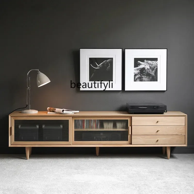 

smt03 Simple Modern Solid Wood Audiovisual Cabinet Glass Sliding Door Mid-Ancient Oak TV Cabinet Retro Style