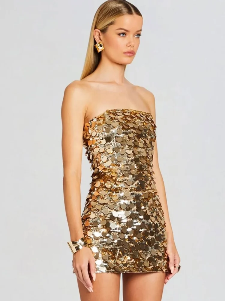 

Sexy Women Sequin Strapless Mini Dresses Chic Sleeveless Off-shoulder Backless Slim Short Dresses Lady Evening Club Party Gowns