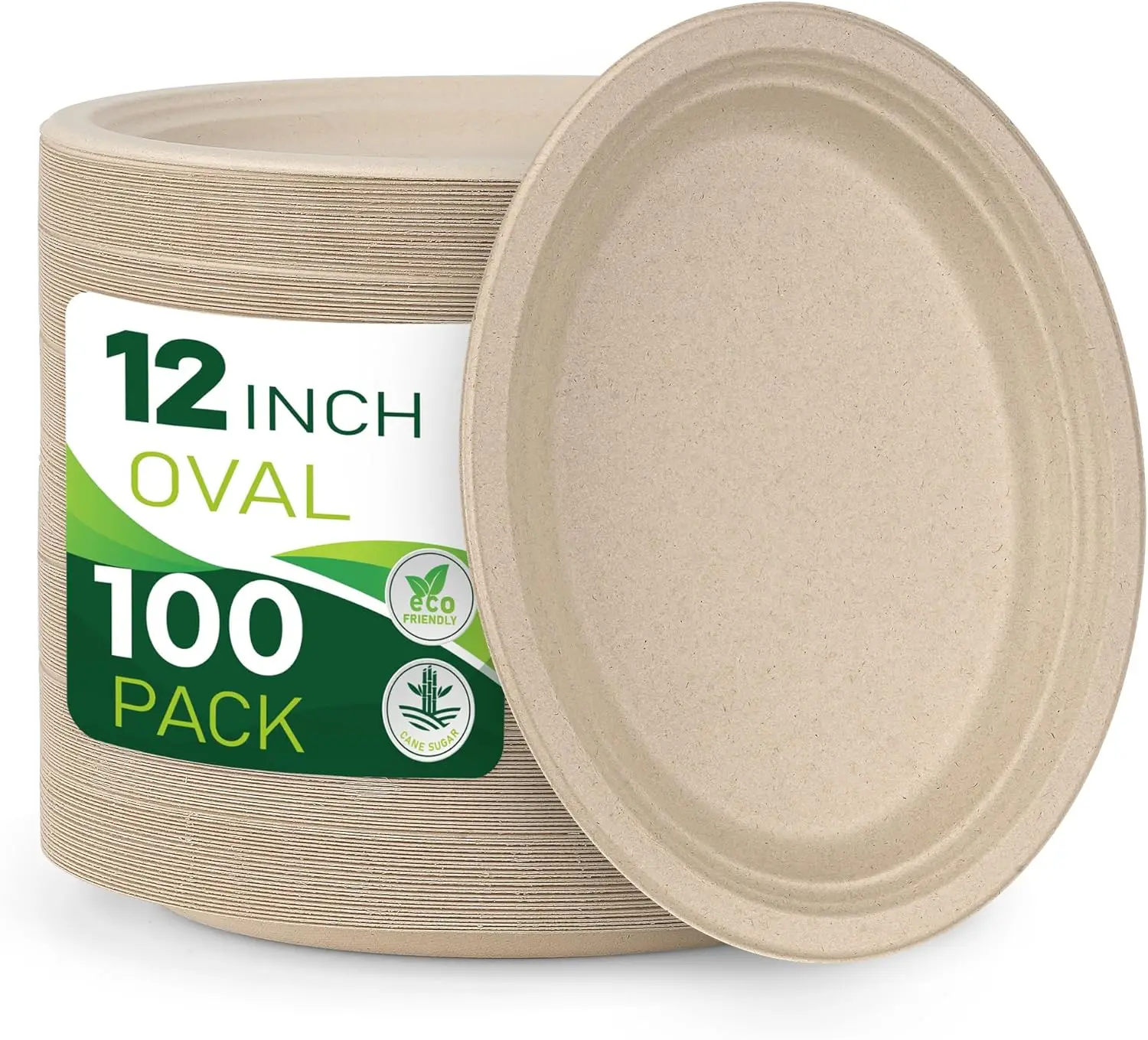 

100PCS 100% Compostable Original Oval Paper Plates(12in), Heavy Duty Disposable Plates, Eco-Friendly