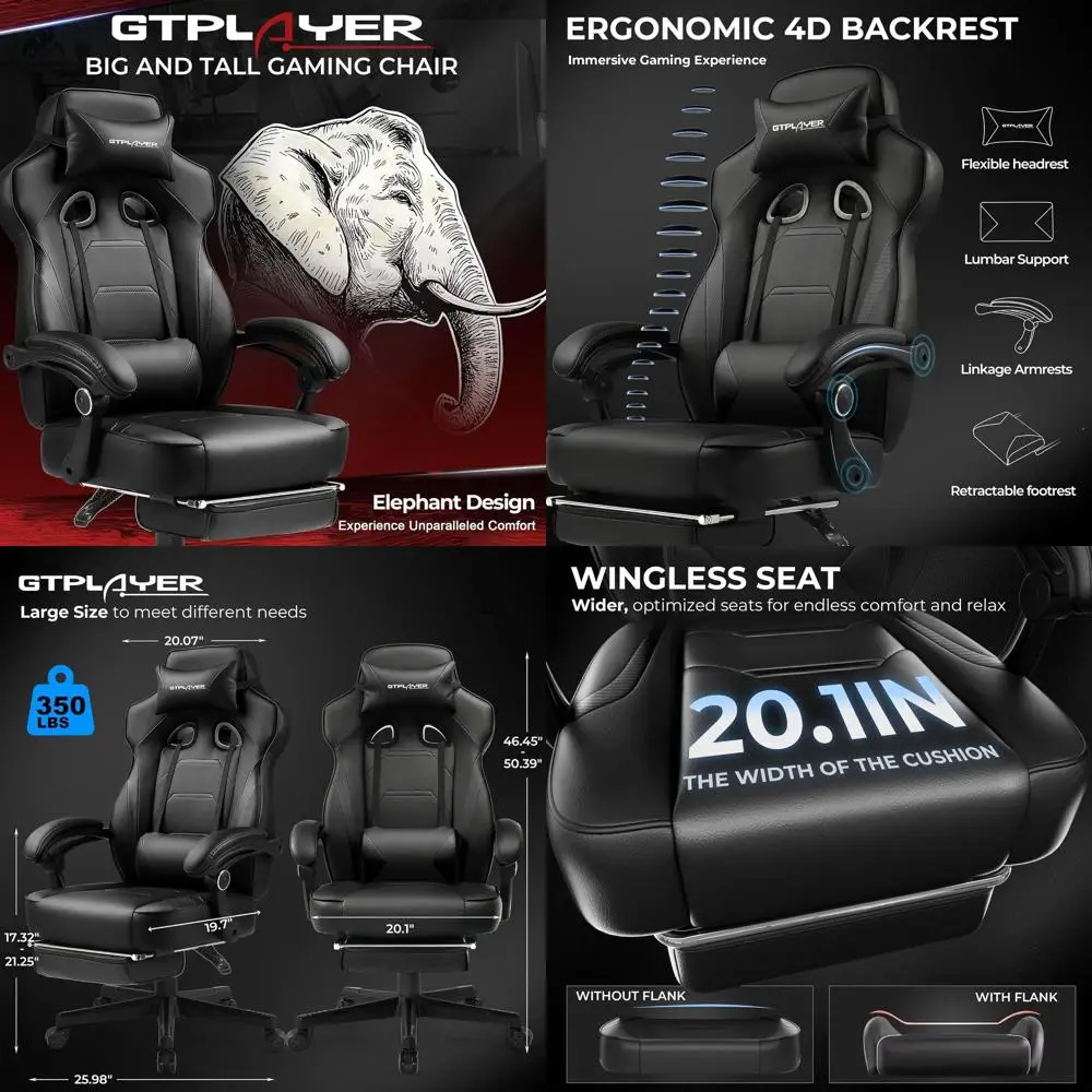 

Эргономичное игровое кресло в гоночном стиле с подставкой для ног для высоких и крупных людей, грузоподъемность 350 фунтов, высокая спинка, функция откидывания, черное