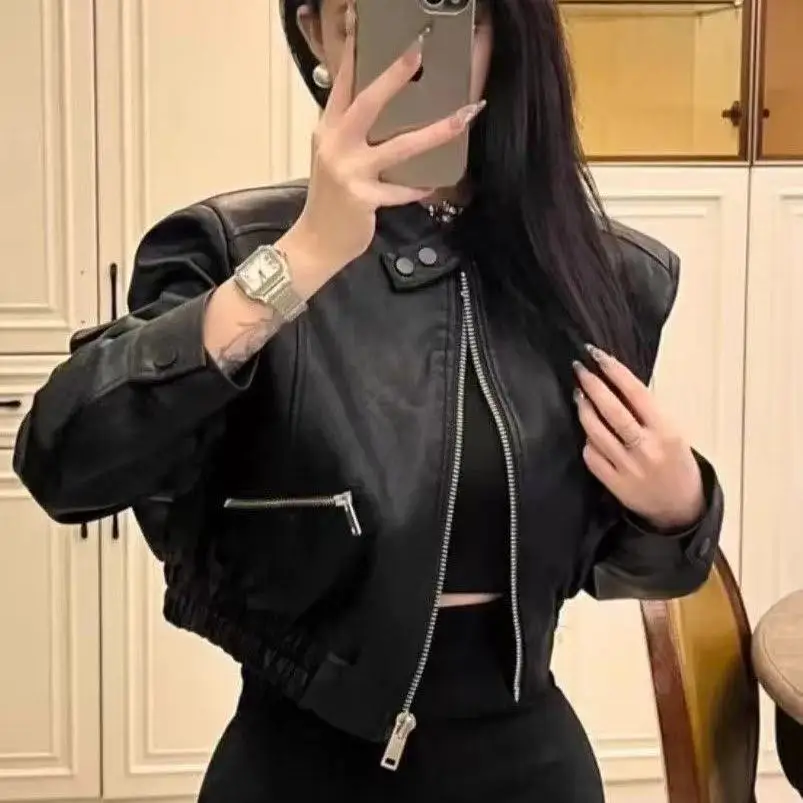 Cropped PU Leather Jacket Korean Biker Style Stand Collar Zip Up Short Coat 2026 Spring Casual Versatile Outerwear For Ladies