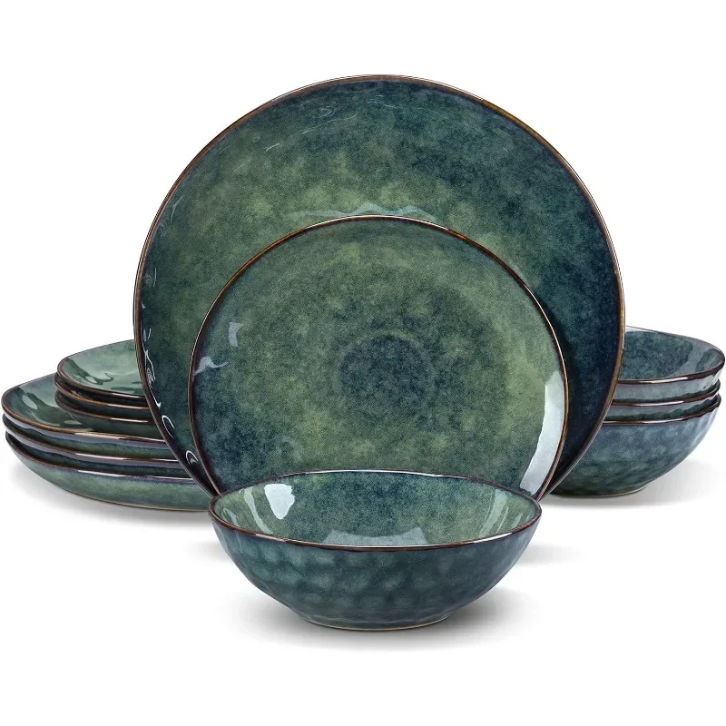 

12 Pieces Green Dinnerware Set, Reactive Change Glaze Dinner Set, Plates and Bowls Set